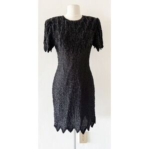 Vintage 80s 90s Laurence Kazar Black Beaded Short Sleeve Party Dress Size PS